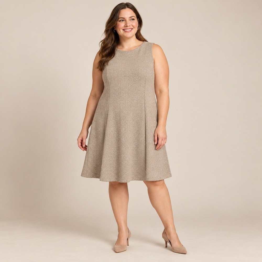 Lauren Ralph Lauren A-Line Dress Womens XL Tan Herringbone Sleeveless Midi